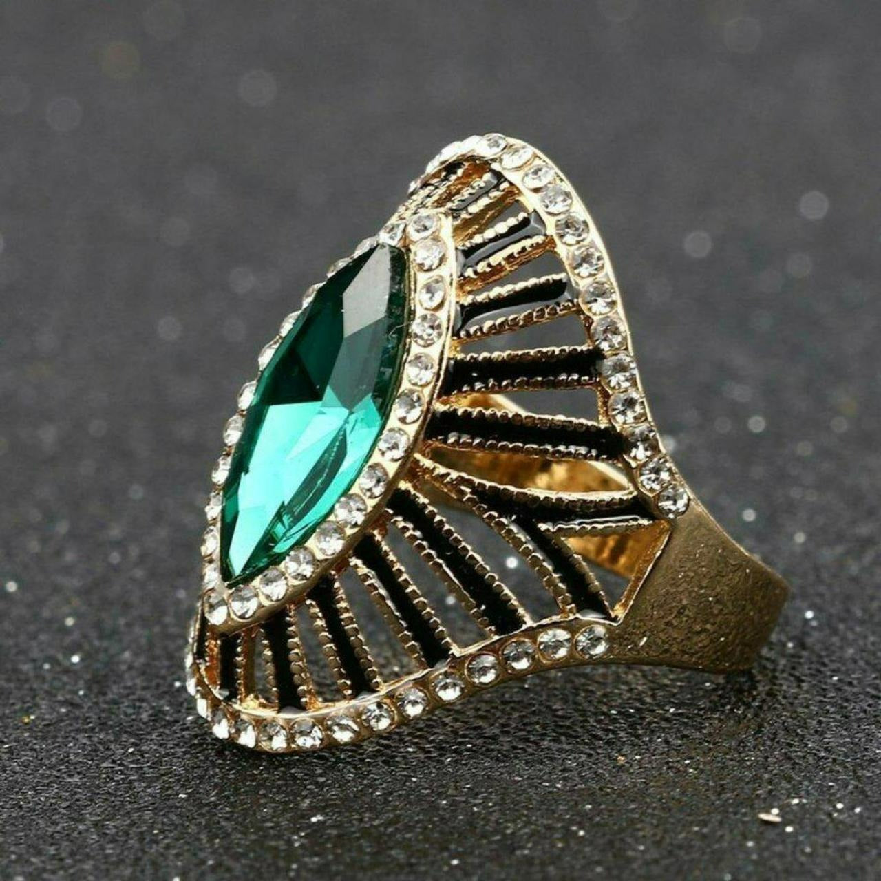 Green Marquise Crystal Black Enamel Antique Gold Ring