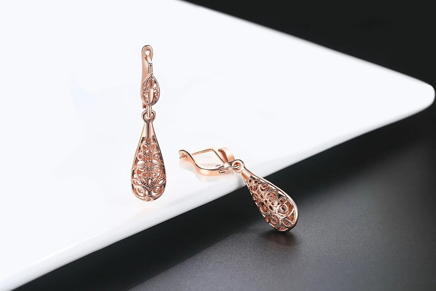 Hollow Teardrop Pear Rose Gold Earrings