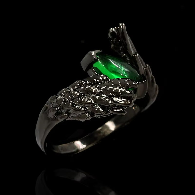 Black Gothic Angel Wing S925 Green Marquise Crystal Ring
