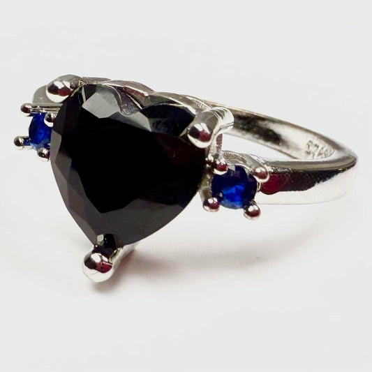 925 Sterling Silver Black Heart Blue Sapphire Ring