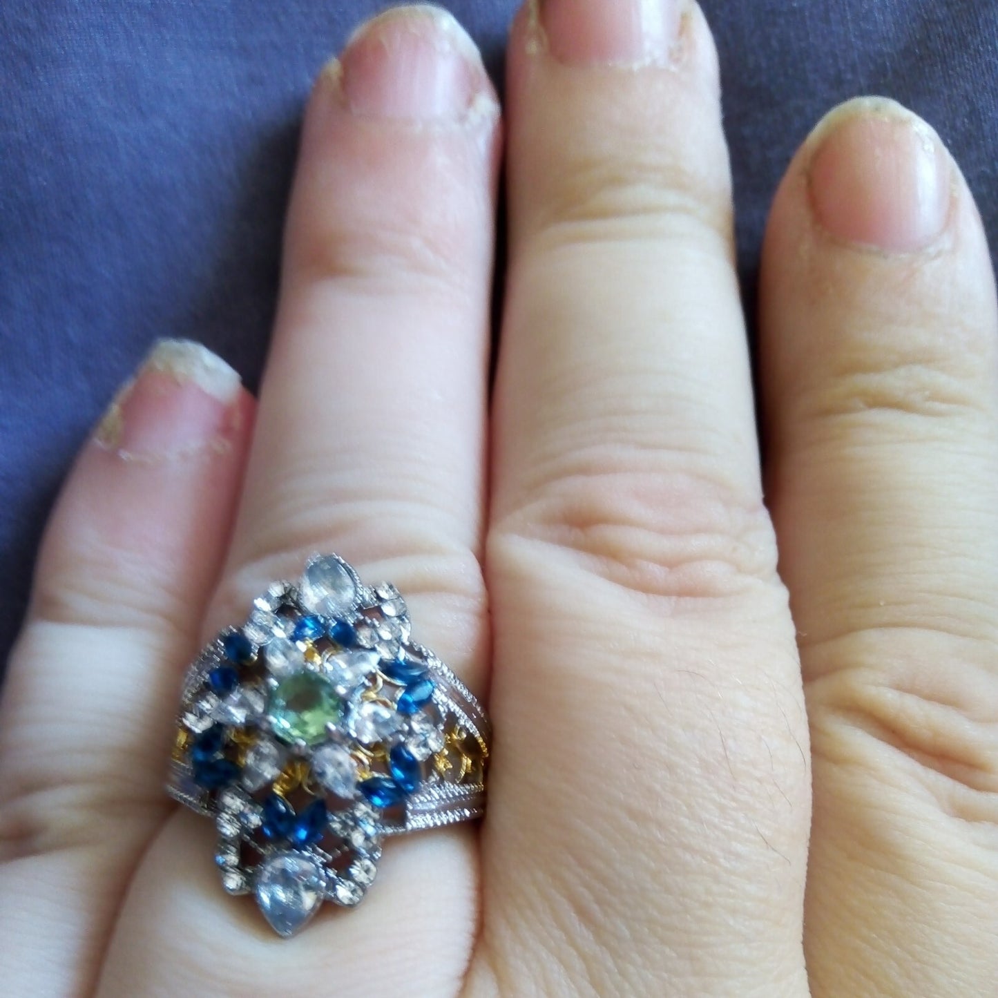 Hexagonal Blue & Green Rhinestones Two-Tone Art Deco Ring
