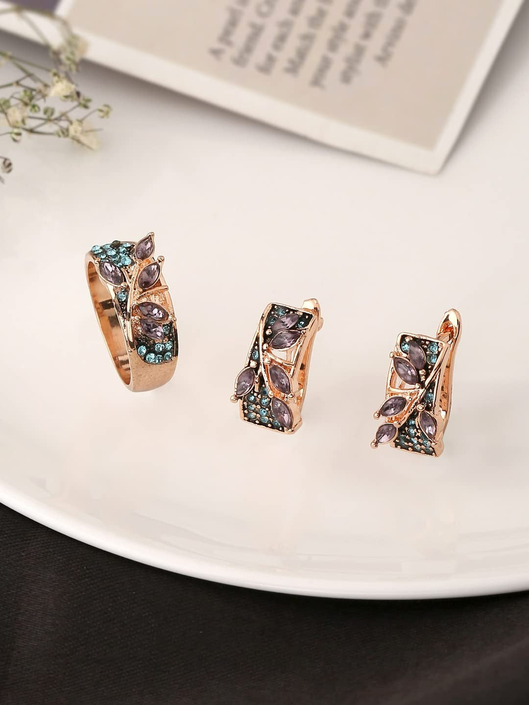 Purple & Blue Crystal Leaf Jewelry Set – Ring & Earrings