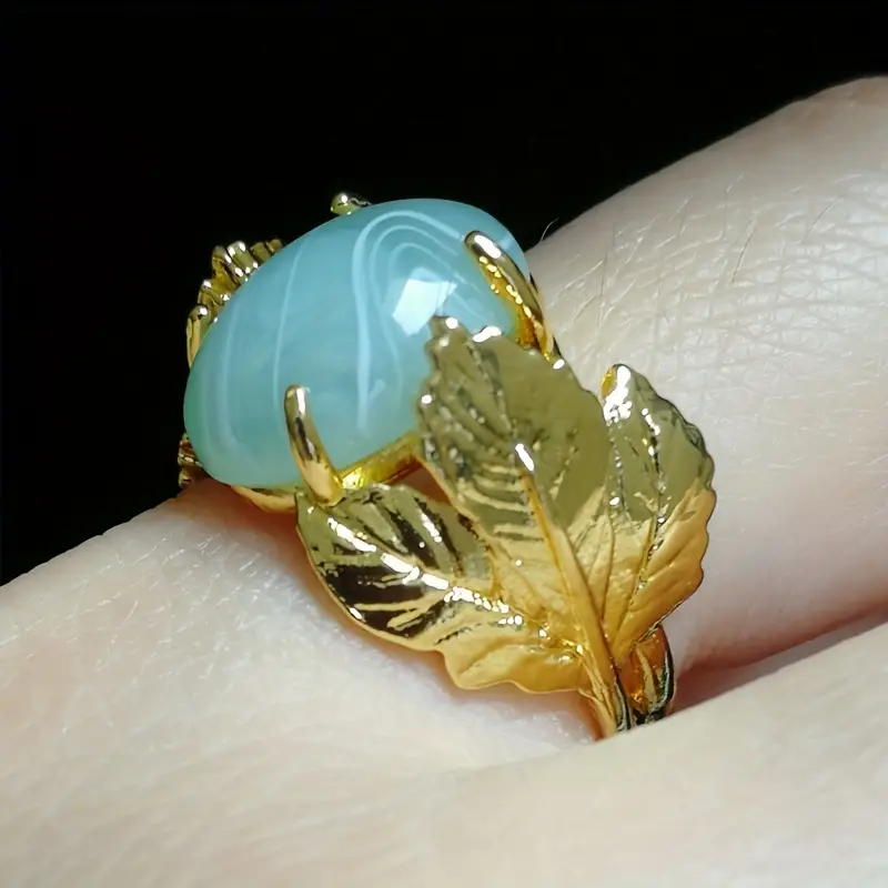 Delicate Gold Metal Leaves Blue Resin Maple Leaf Ring