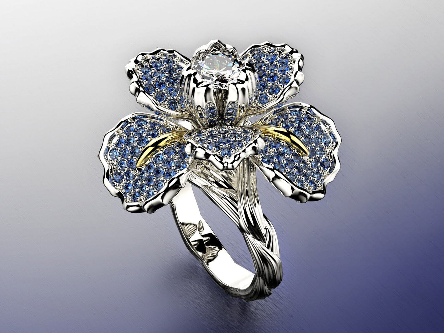 Sterling Silver Blue Iris Flower Crystals Ring
