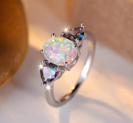 White Opal & Heart Shaped Mystical Topaz Ring