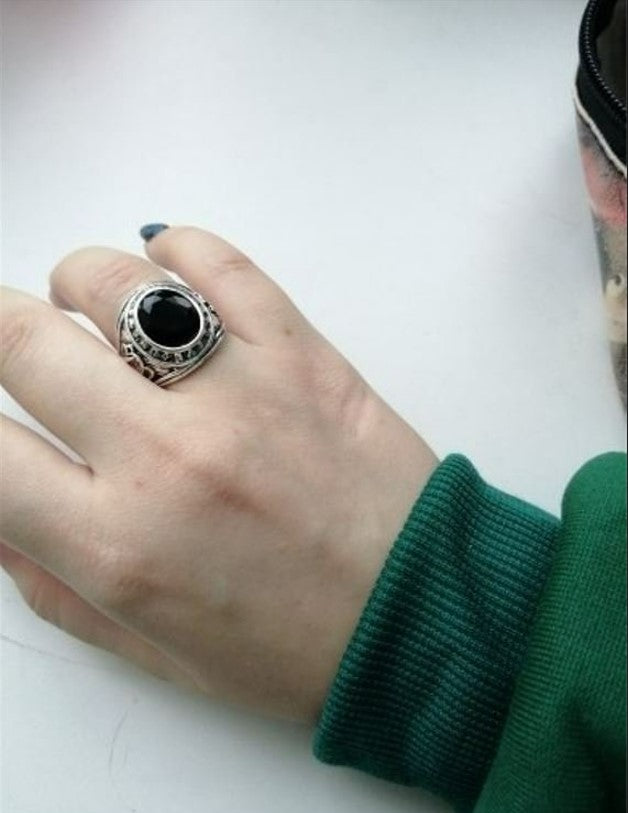 Men's Retro Black Agate Resin Antique Silver Ring