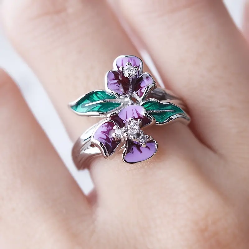 Sterling Silver Purple Plum Lotus Flower Leaves Enamel Ring