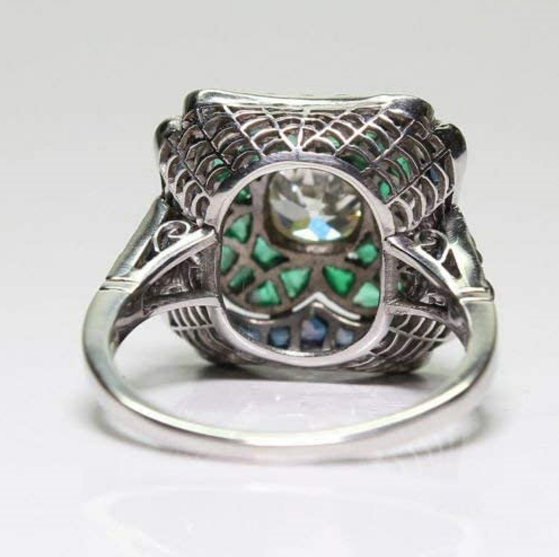 Vintage Emerald Green White Blue Topaz Antique Silver Art Deco Ring