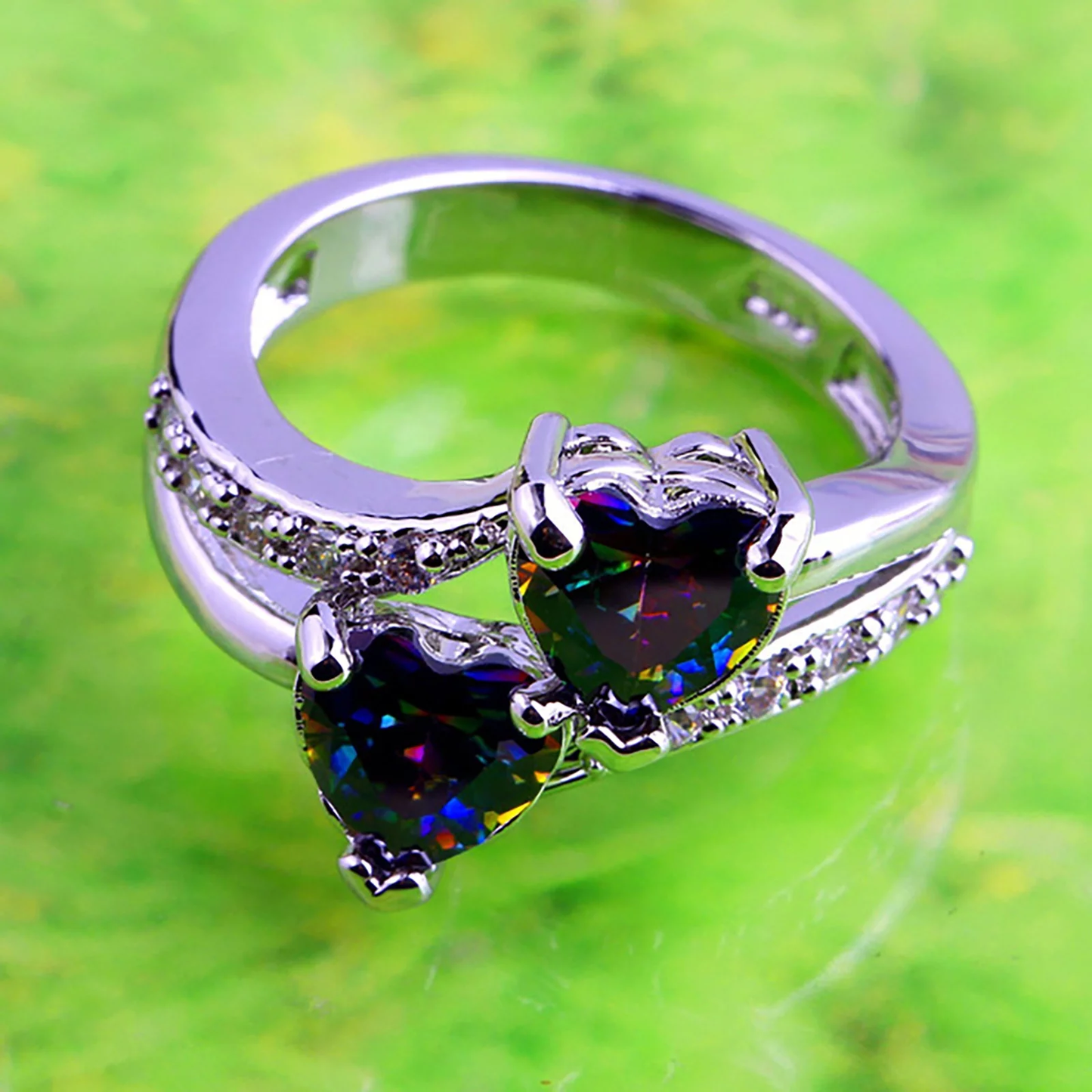 925 Sterling Silver Mystic Rainbow Double Heart Promise Ring