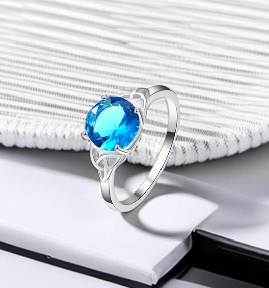 925 Sterling Silver Round Aquamarine Blue Solitaire Celtic Ring
