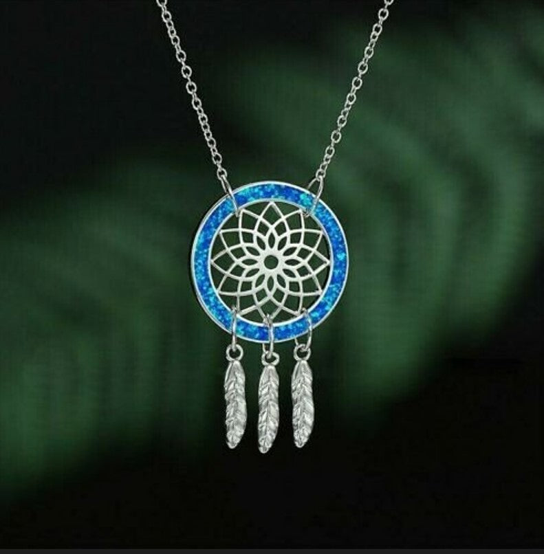 Blue Opal Dream Catcher Feathers Silver Necklace