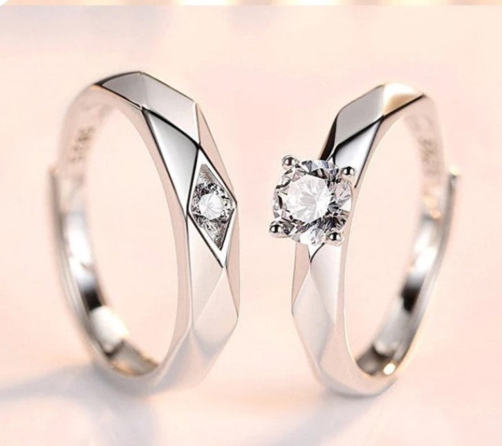 2pcs Rhombus Matching Open Silver Couple Rings