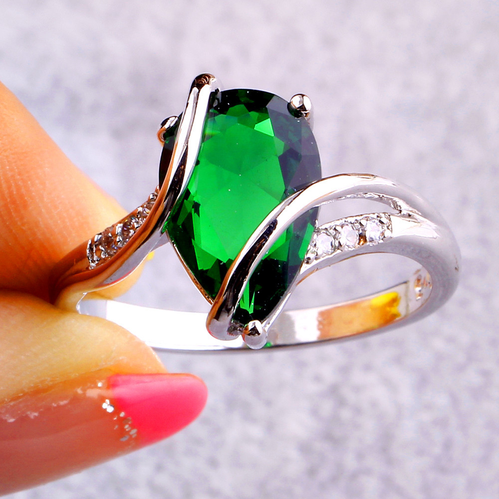 925 Sterling Silver Big Emerald Green Teardrop Ring