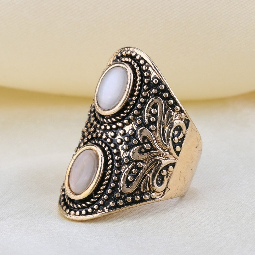 Vintage White Opal Floral Antique Gold Ethnic Ring