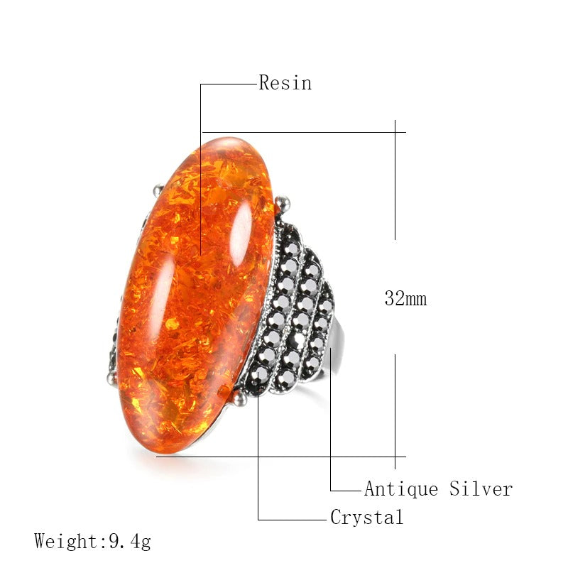 Vintage 32mm Orange Amber Antique Silver Ring