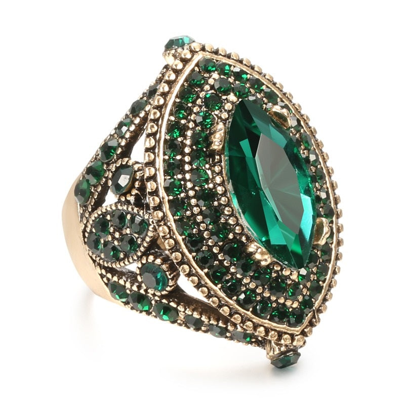 Vintage Bulgaria Green Marquise Antique Gold Ethnic Ring