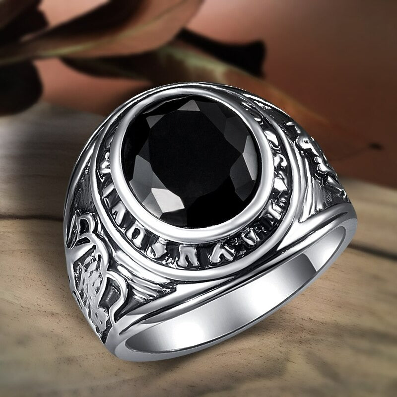 Men's Retro Black Agate Resin Antique Silver Ring