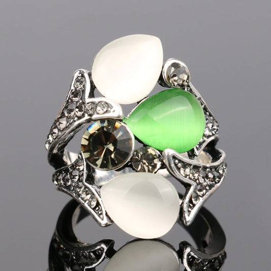 Handmade Bohemia Green White Opal Cluster Silver Vintage Ring