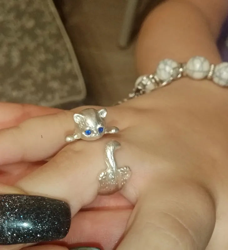 Sterling Silver Blue Eyes Kitten Cat Open Ring