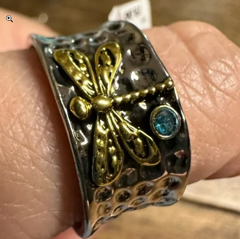 Sterling Silver Dragonfly Blue Topaz Two-Tone Ring