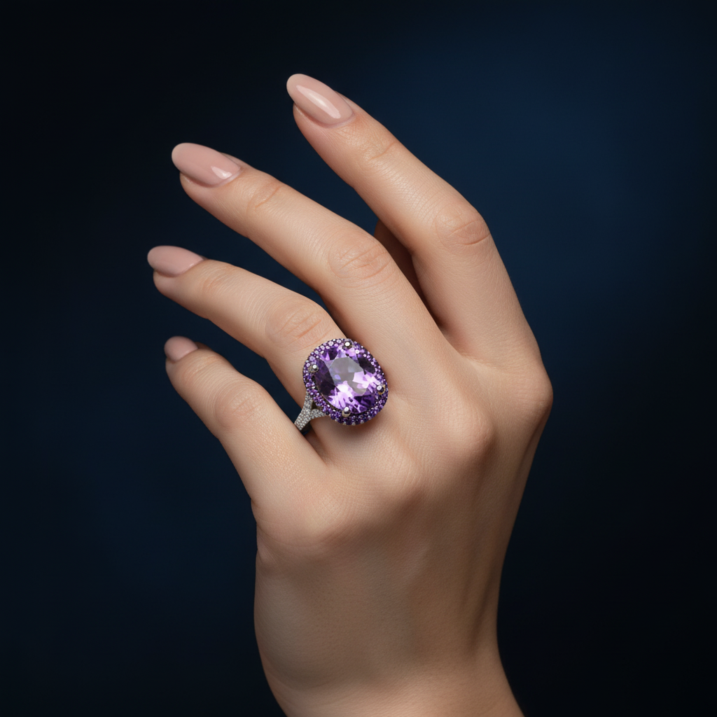 12mm Round Cut Purple Amethyst & CZ Crystal Silver Ring