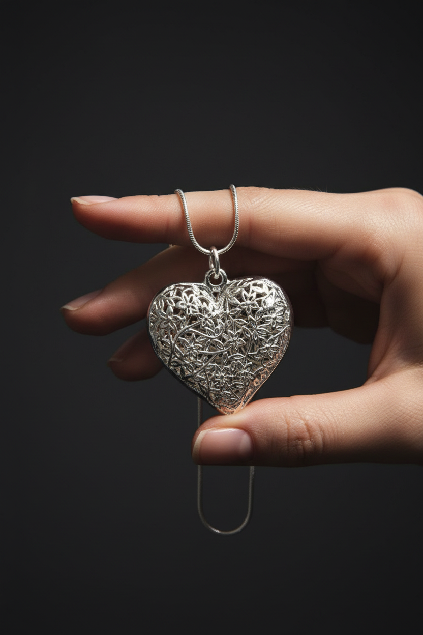 3.5cm Hollow Sterling Silver Floral Hollow Heart Pendant Necklace & Chain