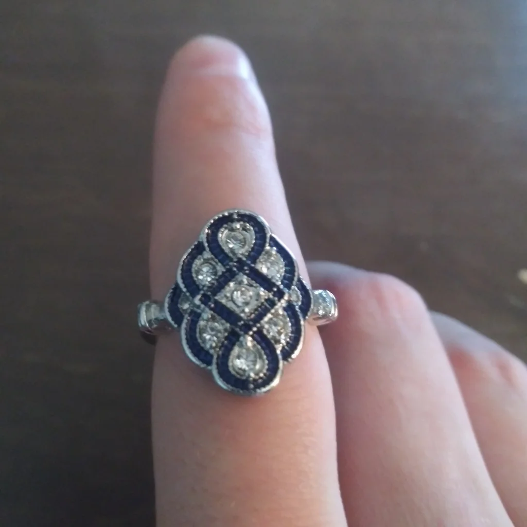 Vintage Retro Blue Rhinestone Silver Art Deco Ring