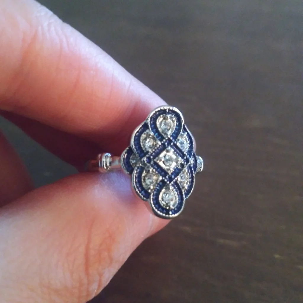 Vintage Retro Blue Rhinestone Silver Art Deco Ring