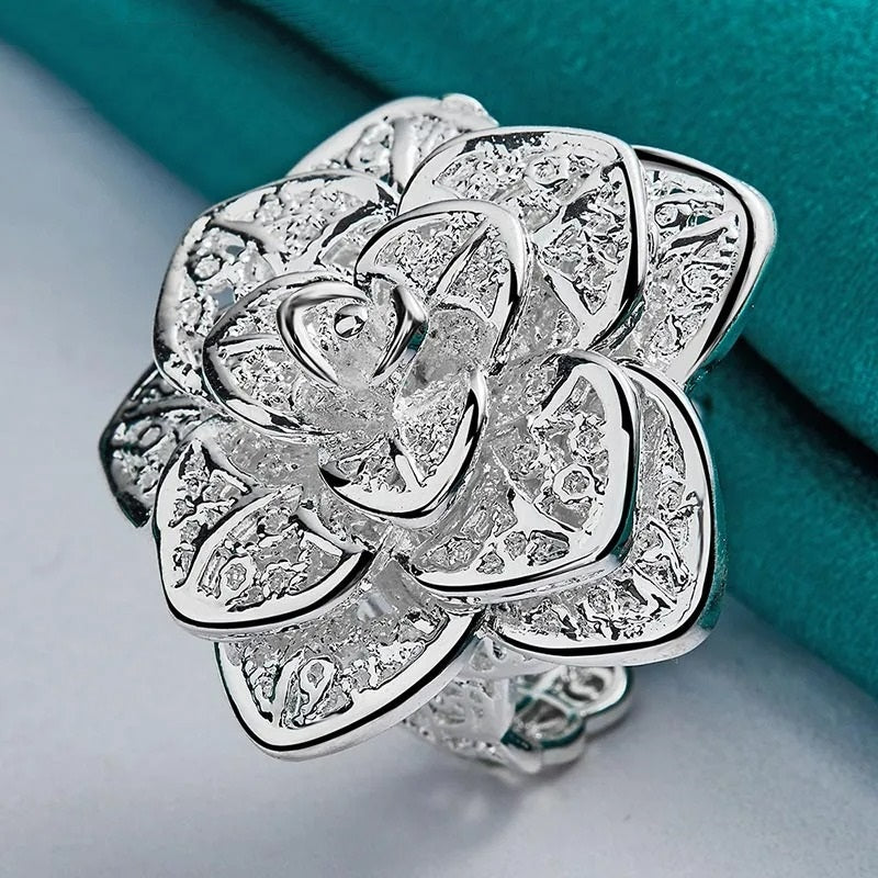 Huge 925 Sterling Silver 3cm Rose Open Flower Ring