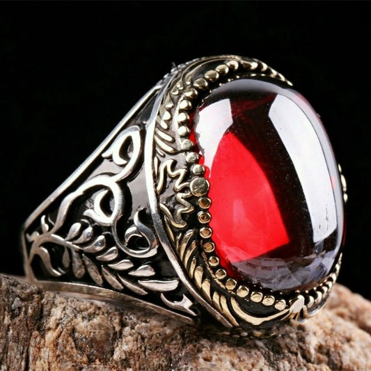 Men's Vintage Turkish Crown Red Two Tone Ring