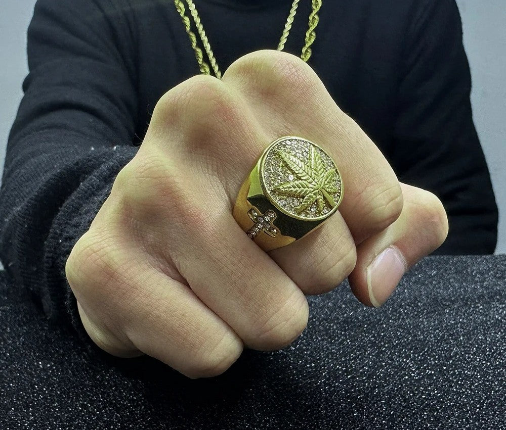 Round Cross Maple Leaf Gold Signet Ring