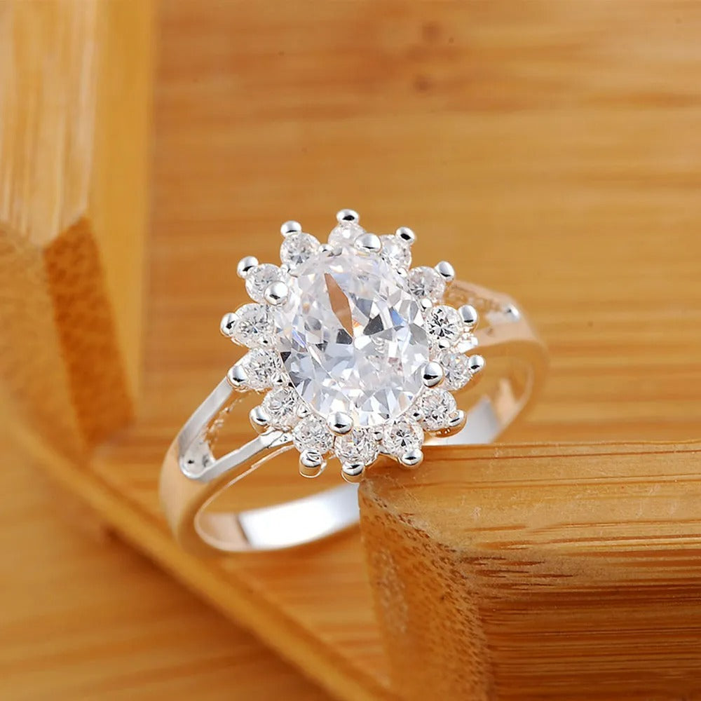 925 Sterling Silver Flower Halo Engagement Ring