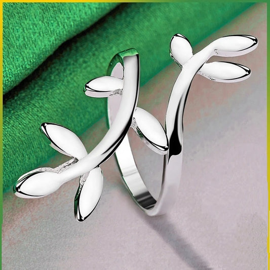 925 Sterling Silver Simple Classic Leaves Open Ring