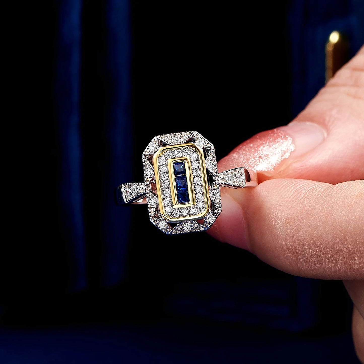 Blue Sapphire CZ Stone Accent Art Deco Silver Ring