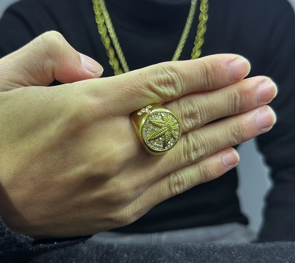 Round Cross Maple Leaf Gold Signet Ring