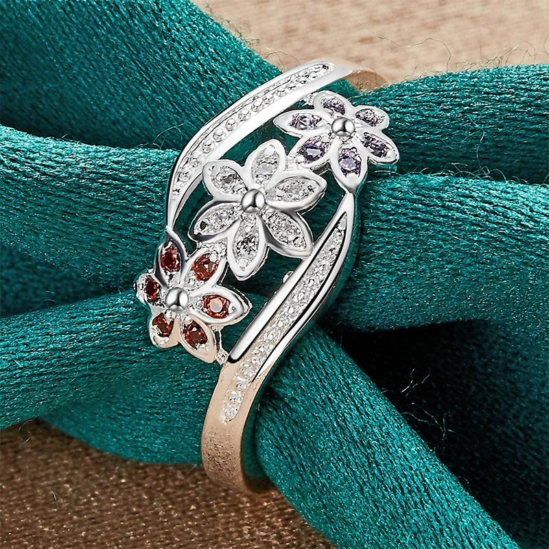 925 Sterling Silver Multi-Colored Topaz Flower Ring