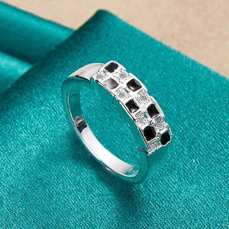 925 Sterling Silver Geometric Black Crystal Ring