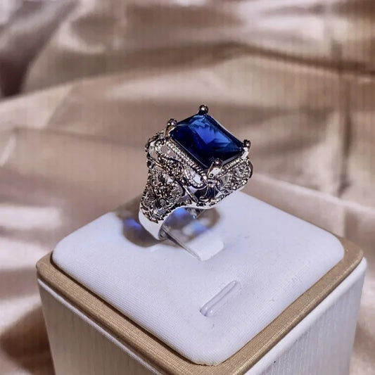 Vintage Sterling Silver Blue Sapphire Hollow Ring