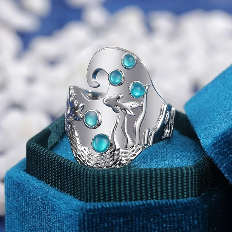 Sterling Silver Carved Fish Underwater Ocean Blue Epoxy Ring