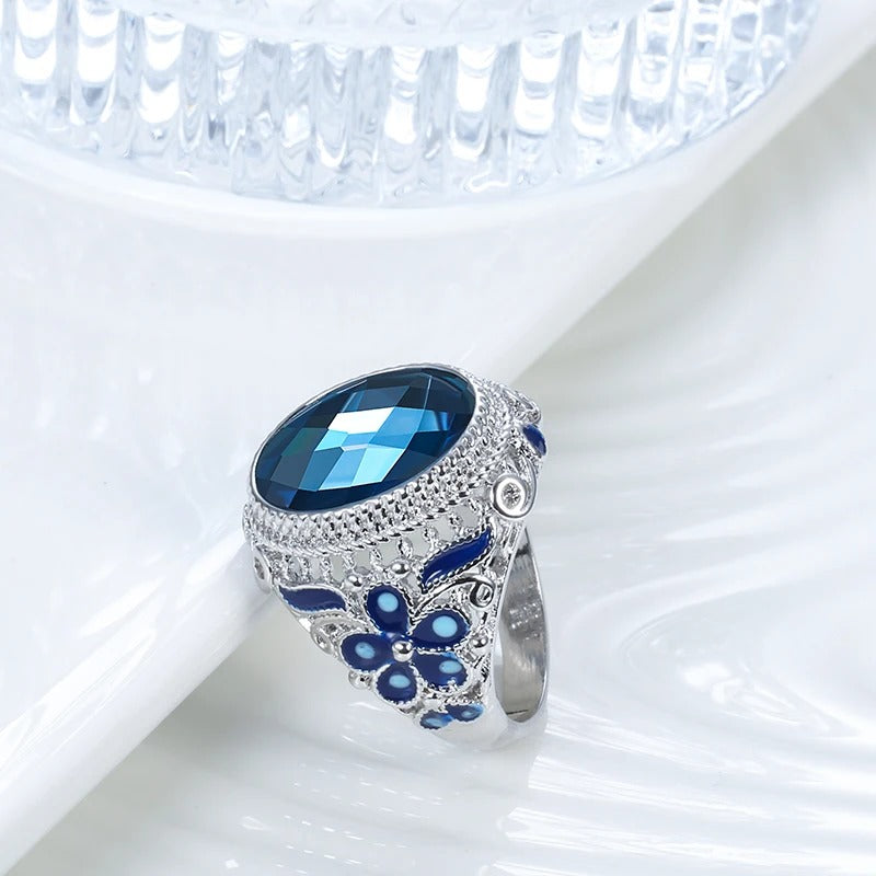 22mm Handmade Blue Sapphire Silver Hollow Flower Ring