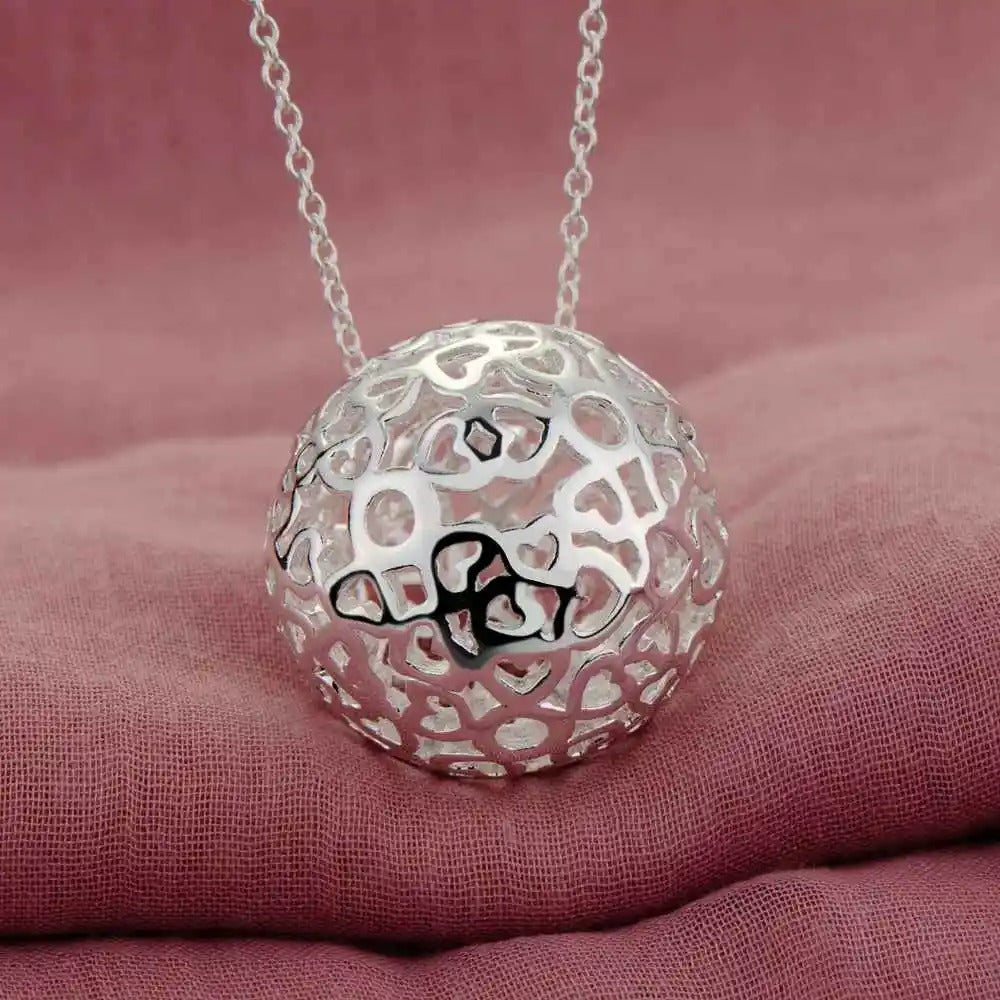 Hollow Heart Ball Sphere Pendant Silver Necklace & 18" Chain