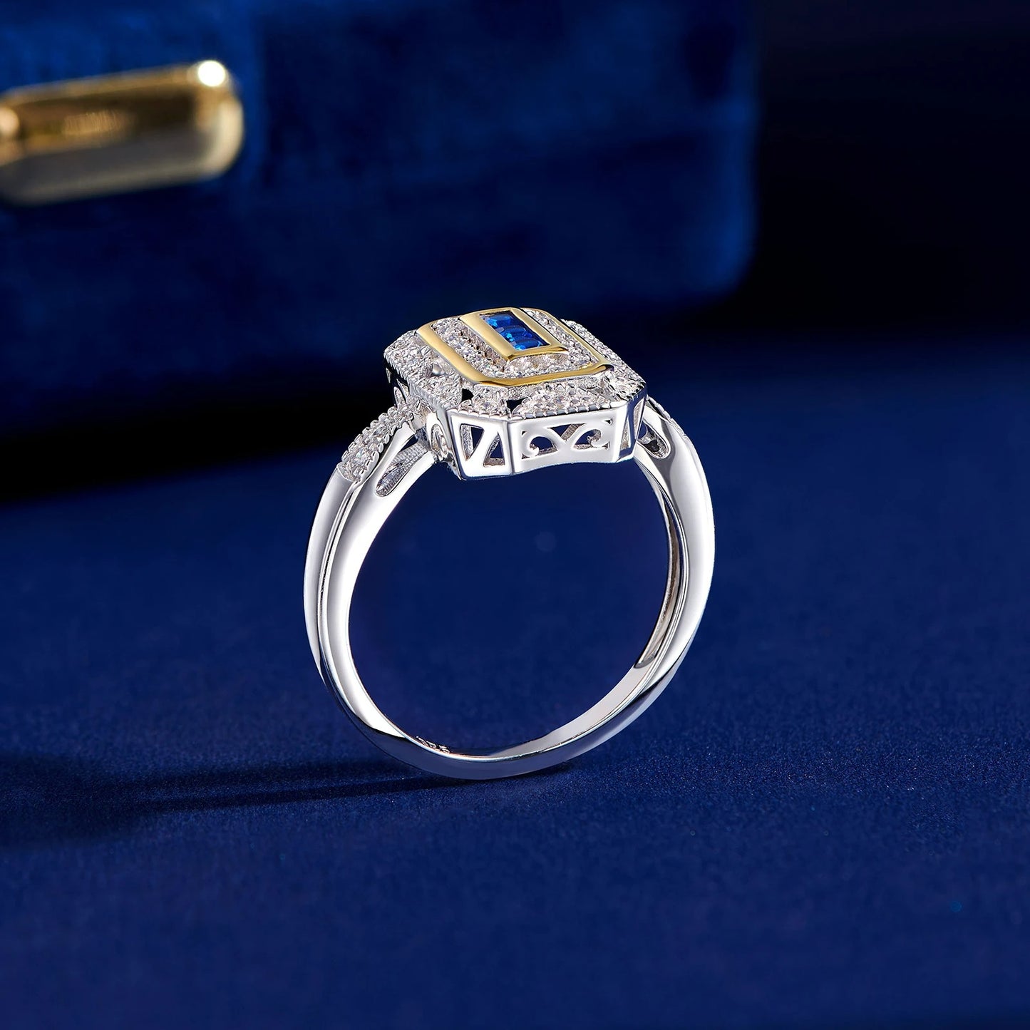 Blue Sapphire CZ Stone Accent Art Deco Silver Ring