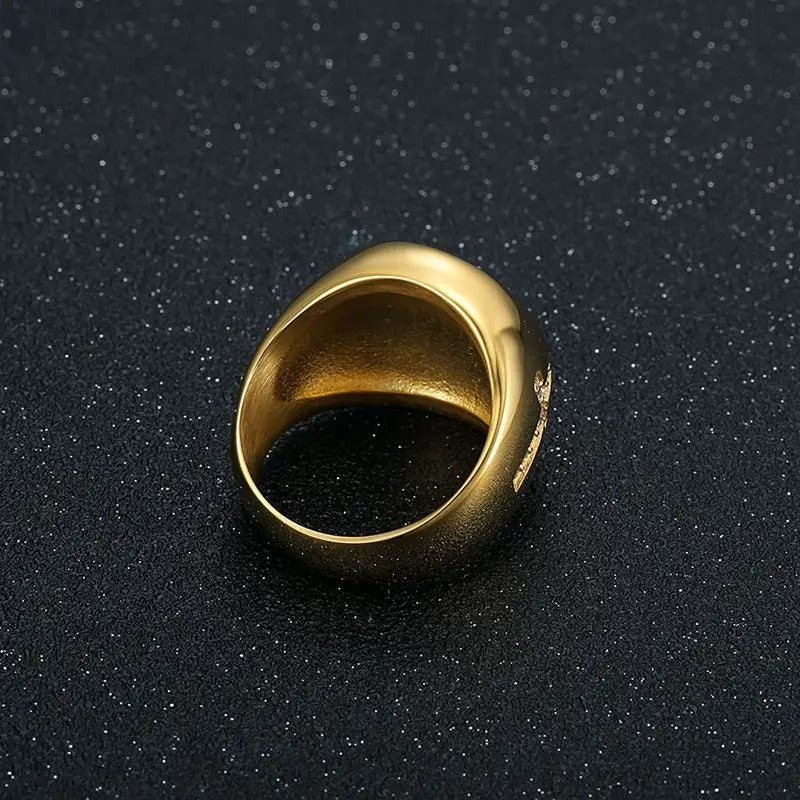 Round Cross Maple Leaf Gold Signet Ring