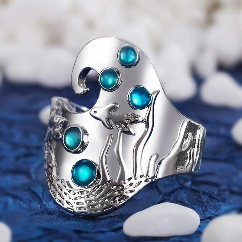 Sterling Silver Carved Fish Underwater Ocean Blue Epoxy Ring