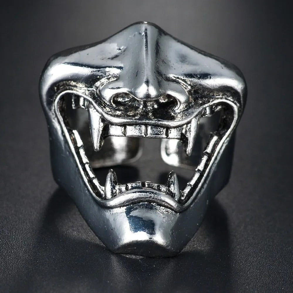 Men's Laughing Japanese Mask Open Mouth Silver Gothic Ring