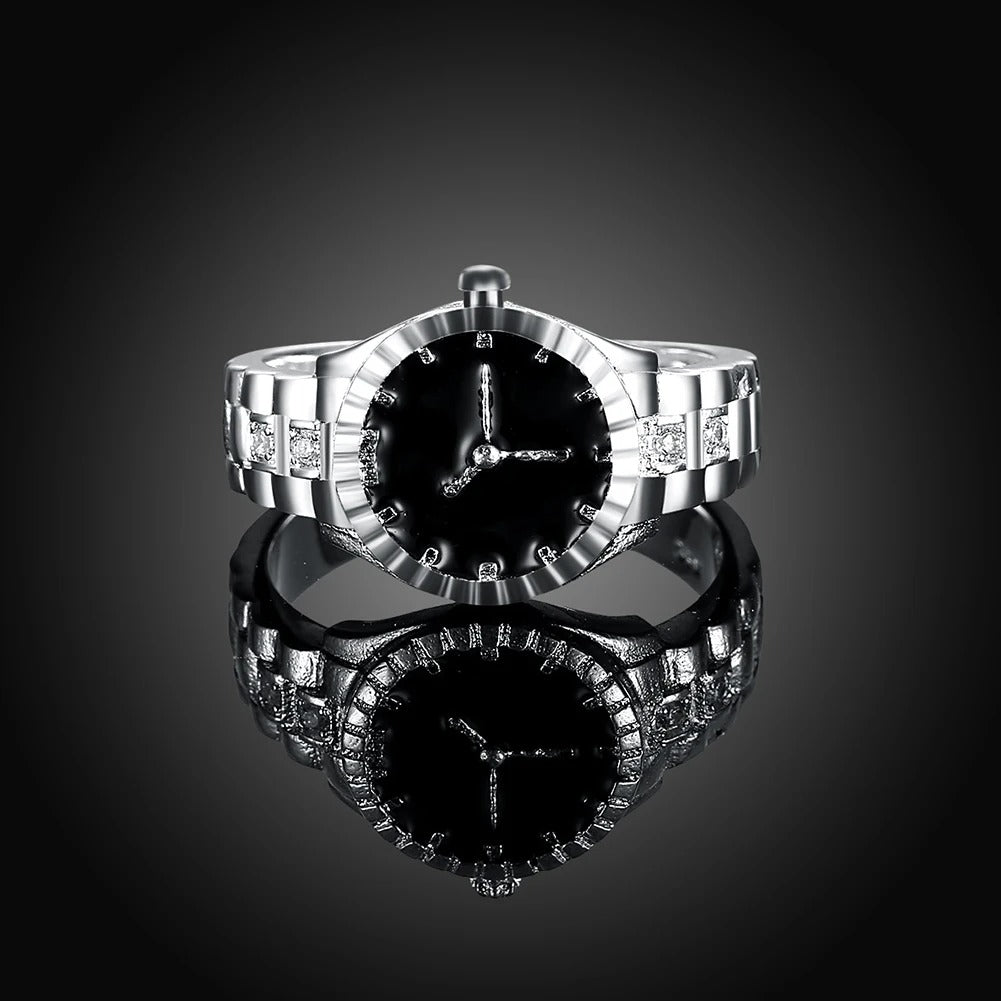 925 Sterling Silver Analog Watch Shaped Clock Ring