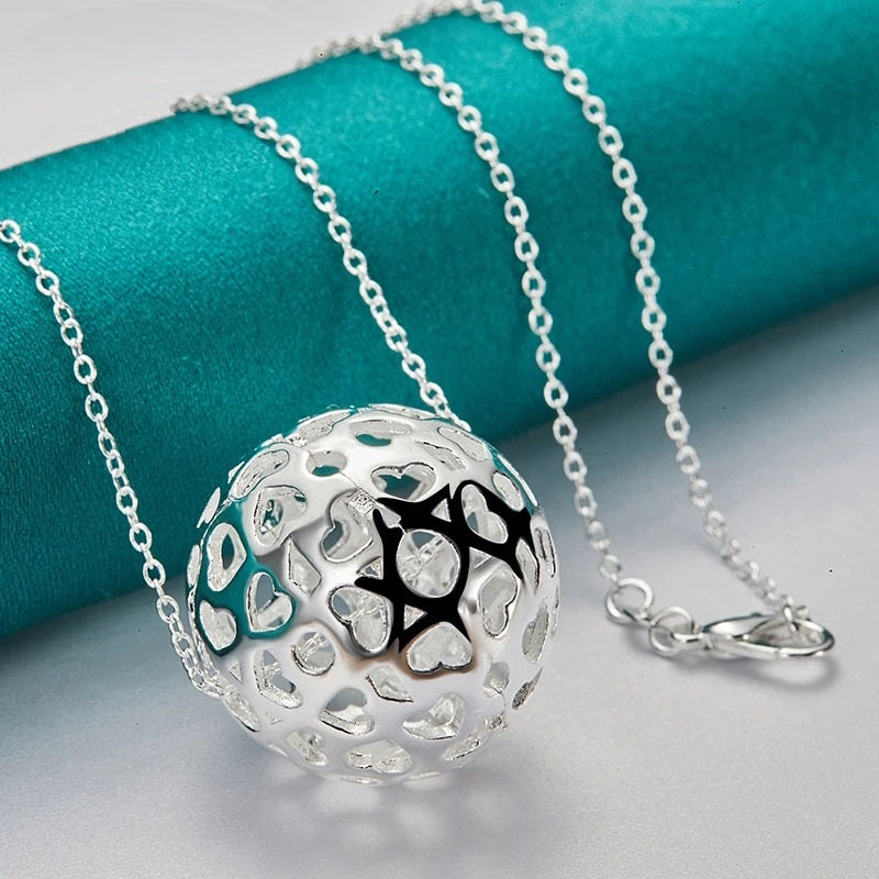 Hollow Heart Ball Sphere Pendant Silver Necklace & 18" Chain