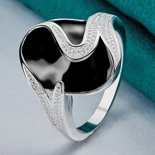 925 Sterling Silver Ellipse Anillo Oval Black Enamel Ring