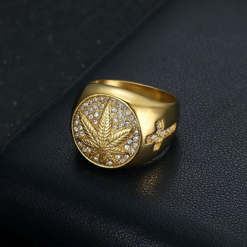 Round Cross Maple Leaf Gold Signet Ring