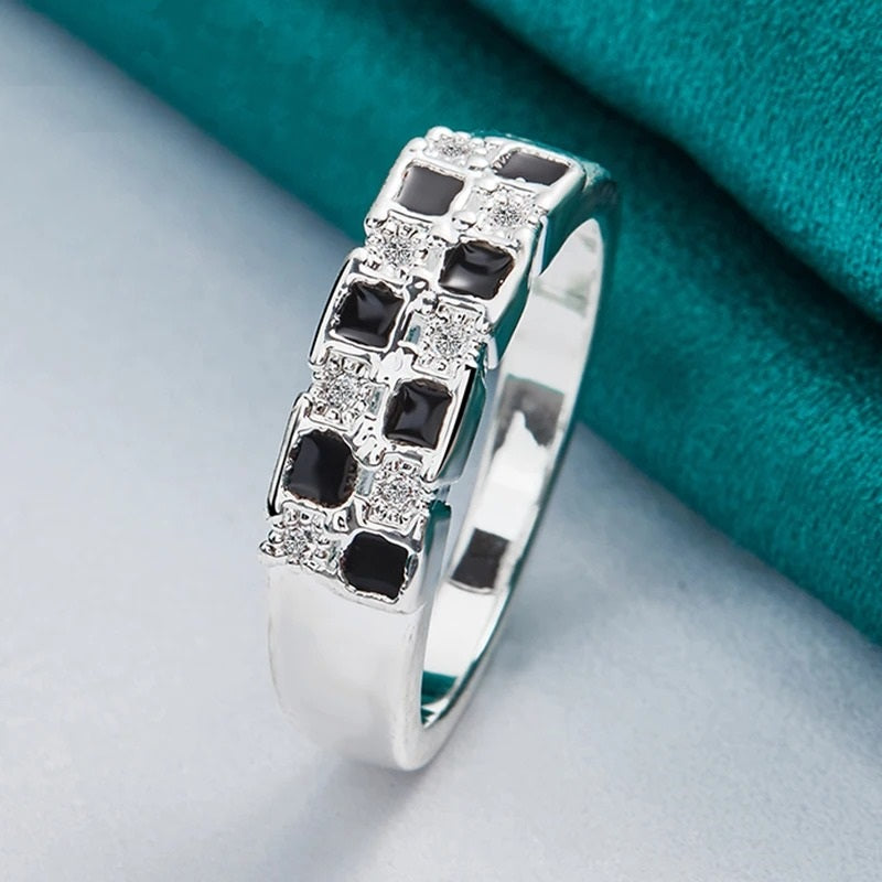 925 Sterling Silver Geometric Black Crystal Ring